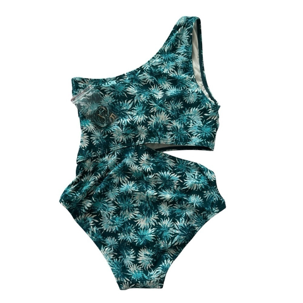 Michael Kors One-Shoulder Aqua Green Leaf Print Swimsuit, size 8 - Picture 6 of 9